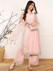 Women Pink Silk Blend Solid Embroidered Straight Kurta Palazzo With Dupatta-PKSKD2574PNK