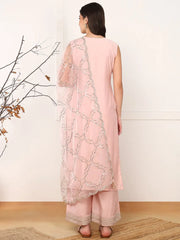 Women Pink Silk Blend Solid Embroidered Straight Kurta Palazzo With Dupatta-PKSKD2574PNK