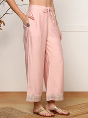 Women Pink Silk Blend Solid Embroidered Straight Kurta Palazzo With Dupatta-PKSKD2574PNK