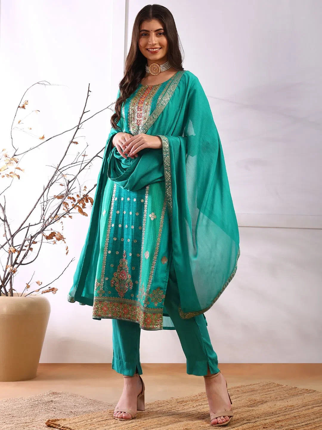 Teal Organza Kurta Set with Dupatta | Designer Women's Kurta Sets