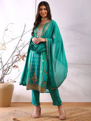 Women Teal Organza Abstract Woven Design Straight Kurta Trouser With Dupatta-PKSKD2580