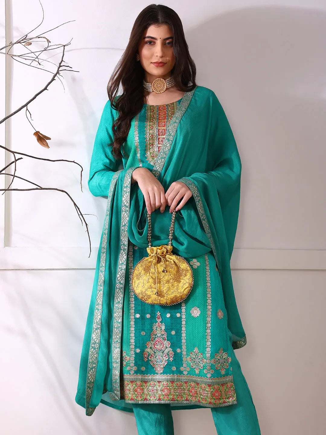 Teal Organza Kurta Set with Dupatta | Designer Women's Kurta Sets