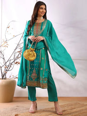 Women Teal Organza Abstract Woven Design Straight Kurta Trouser With Dupatta-PKSKD2580