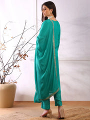 Women Teal Organza Abstract Woven Design Straight Kurta Trouser With Dupatta-PKSKD2580