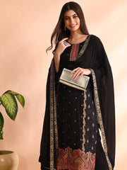 Women Black Silk Blend Geometric Woven Design Straight Kurta Trouser With Dupatta-PKSKD2582