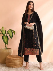 Women Black Silk Blend Geometric Woven Design Straight Kurta Trouser With Dupatta-PKSKD2582