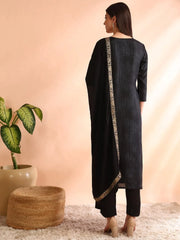 Women Black Silk Blend Geometric Woven Design Straight Kurta Trouser With Dupatta-PKSKD2582