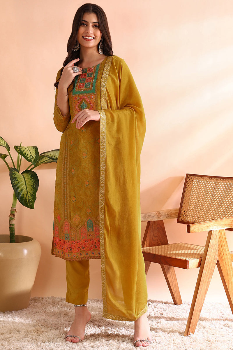 Mustard Yellow Silk Blend Woven Design Straight Trouser Suit Set PKSKD