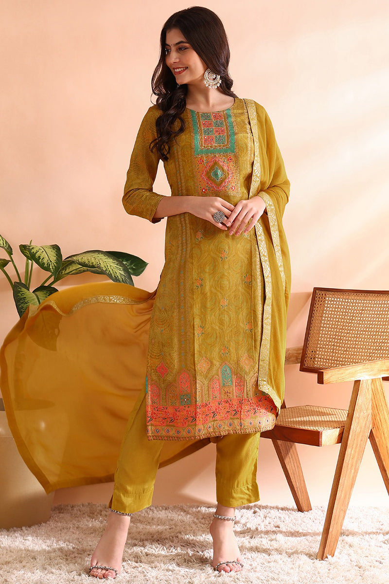 Mustard Yellow Silk Blend Woven Design Straight Trouser Suit Set PKSKD