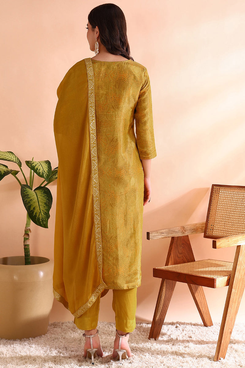 Mustard Yellow Silk Blend Woven Design Straight Trouser Suit Set PKSKD