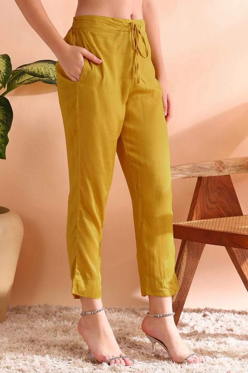 Mustard Yellow Silk Blend Woven Design Straight Trouser Suit Set PKSKD