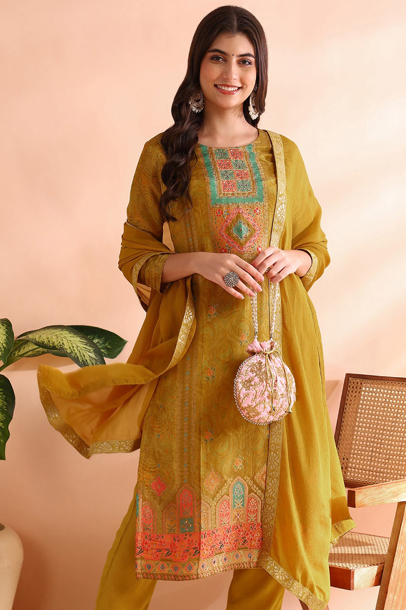 Mustard Yellow Silk Blend Woven Design Straight Trouser Suit Set PKSKD