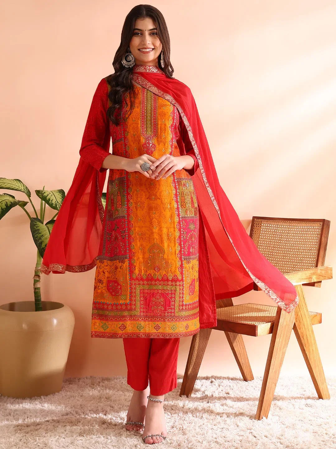 Women Red Chanderi Silk Ethnic Motifs Woven Design Straight Kurta Trousers With Dupatta-PKSKD2585