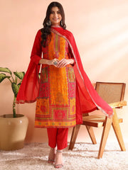 Women Red Chanderi Silk Ethnic Motifs Woven Design Straight Kurta Trousers With Dupatta-PKSKD2585