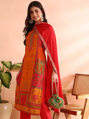 Women Red Chanderi Silk Ethnic Motifs Woven Design Straight Kurta Trousers With Dupatta-PKSKD2585