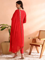 Women Red Chanderi Silk Ethnic Motifs Woven Design Straight Kurta Trousers With Dupatta-PKSKD2585