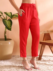 Women Red Chanderi Silk Ethnic Motifs Woven Design Straight Kurta Trousers With Dupatta-PKSKD2585
