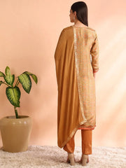 Women Khaki Silk Blend Geometric Woven Design Straight Kurta Trouser With Dupatta-PKSKD2586