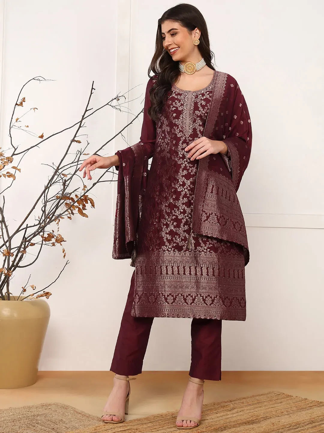 Maroon Chanderi Cotton Kurta Set with Dupatta | Women's Kurta ...