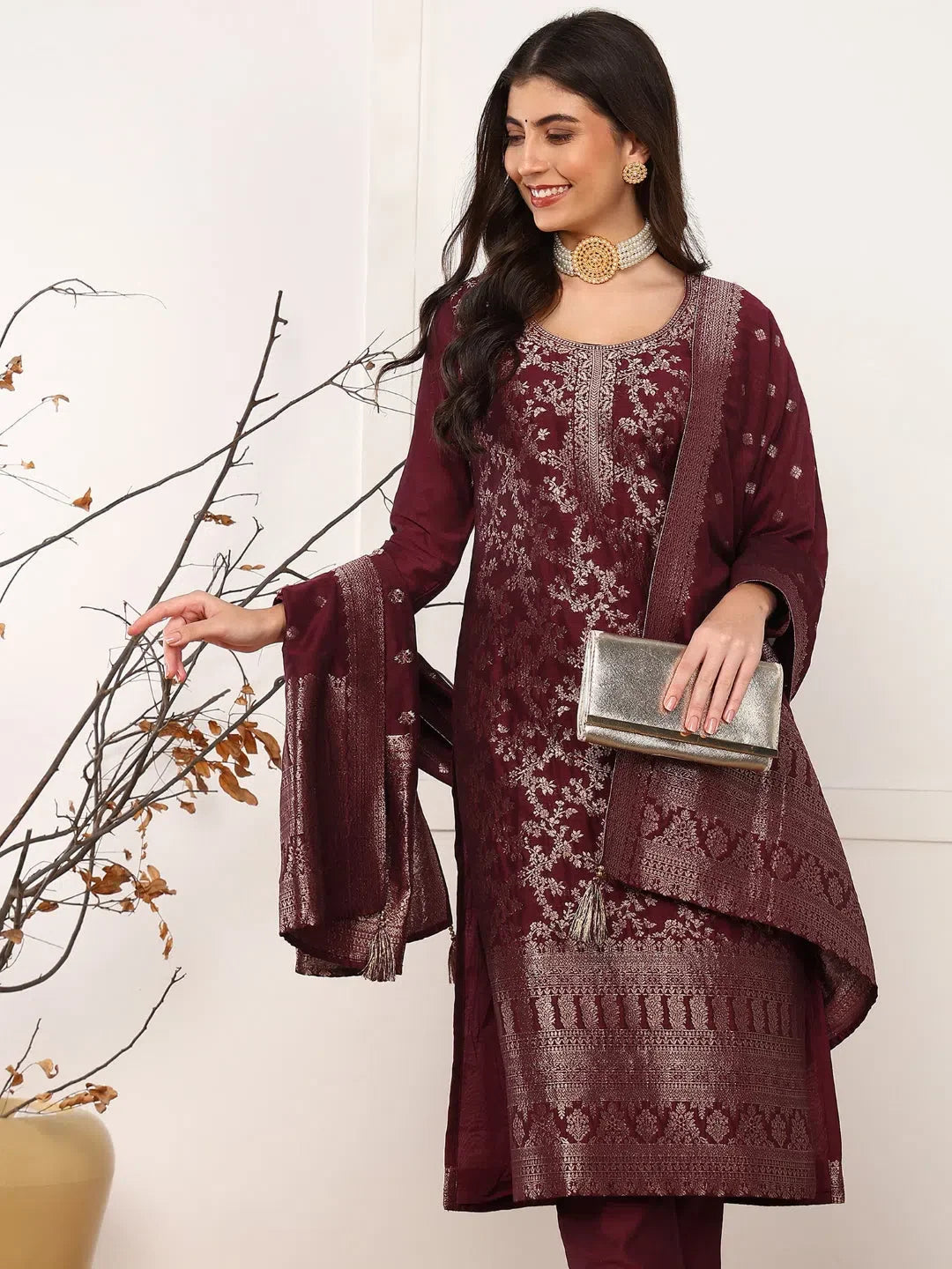 Maroon Chanderi Cotton Kurta Set with Dupatta | Women's Kurta ...