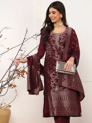 Women Maroon Chanderi Cotton Solid Woven Design Straight Kurta Trouser With Dupatta-PKSKD2589