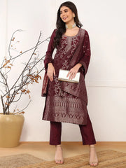 Women Maroon Chanderi Cotton Solid Woven Design Straight Kurta Trouser With Dupatta-PKSKD2589