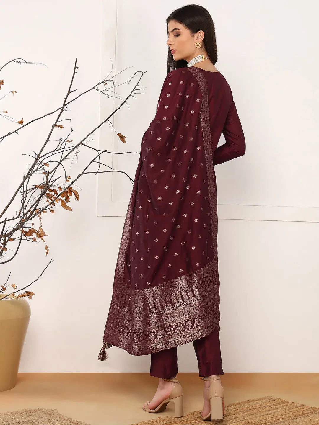 Maroon Chanderi Cotton Kurta Set with Dupatta | Women's Kurta ...