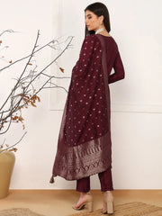 Women Maroon Chanderi Cotton Solid Woven Design Straight Kurta Trouser With Dupatta-PKSKD2589