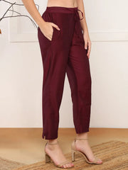 Women Maroon Chanderi Cotton Solid Woven Design Straight Kurta Trouser With Dupatta-PKSKD2589