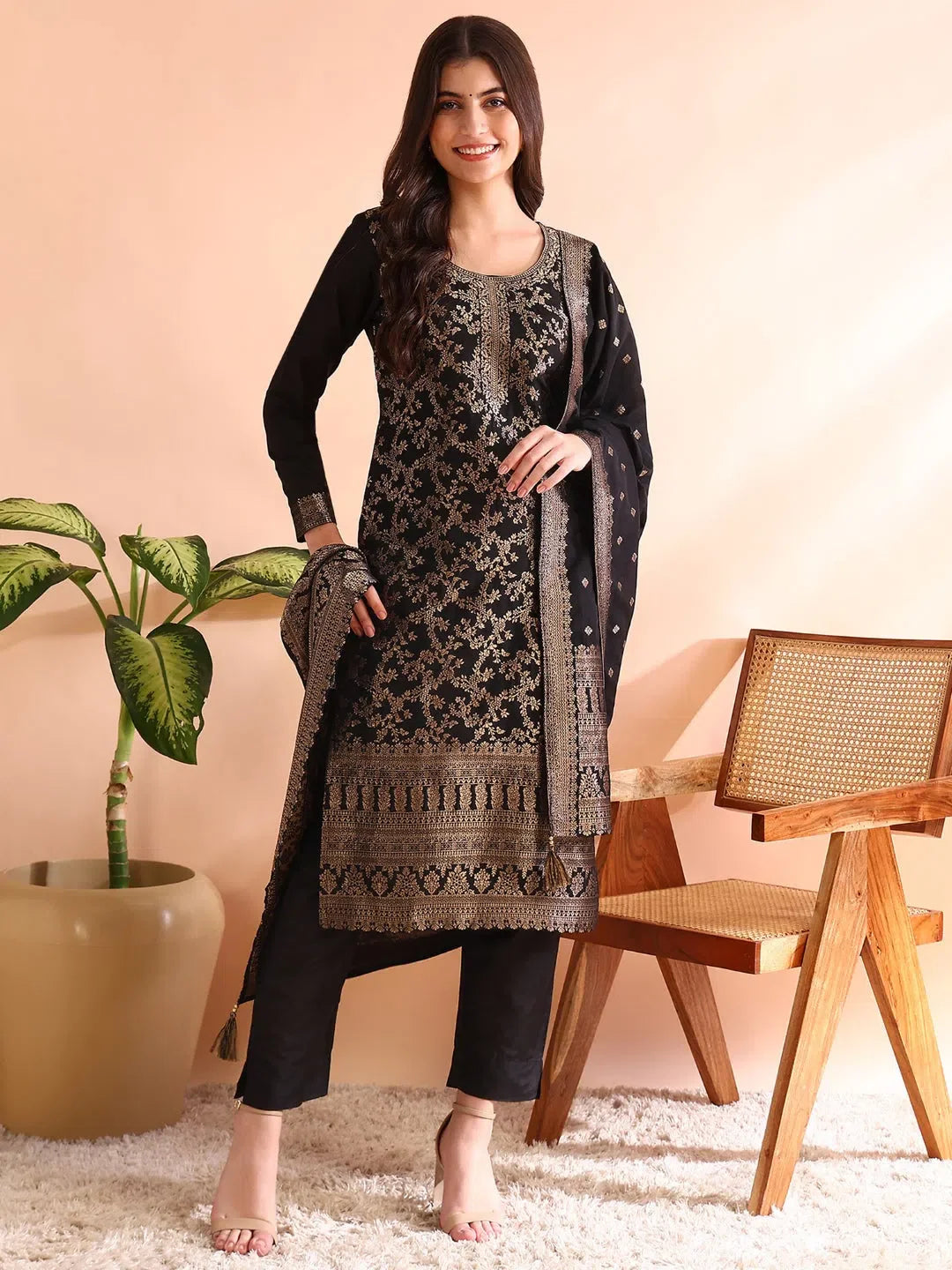 Black Cotton Kurta Set with Dupatta | Women's Indian Kurta