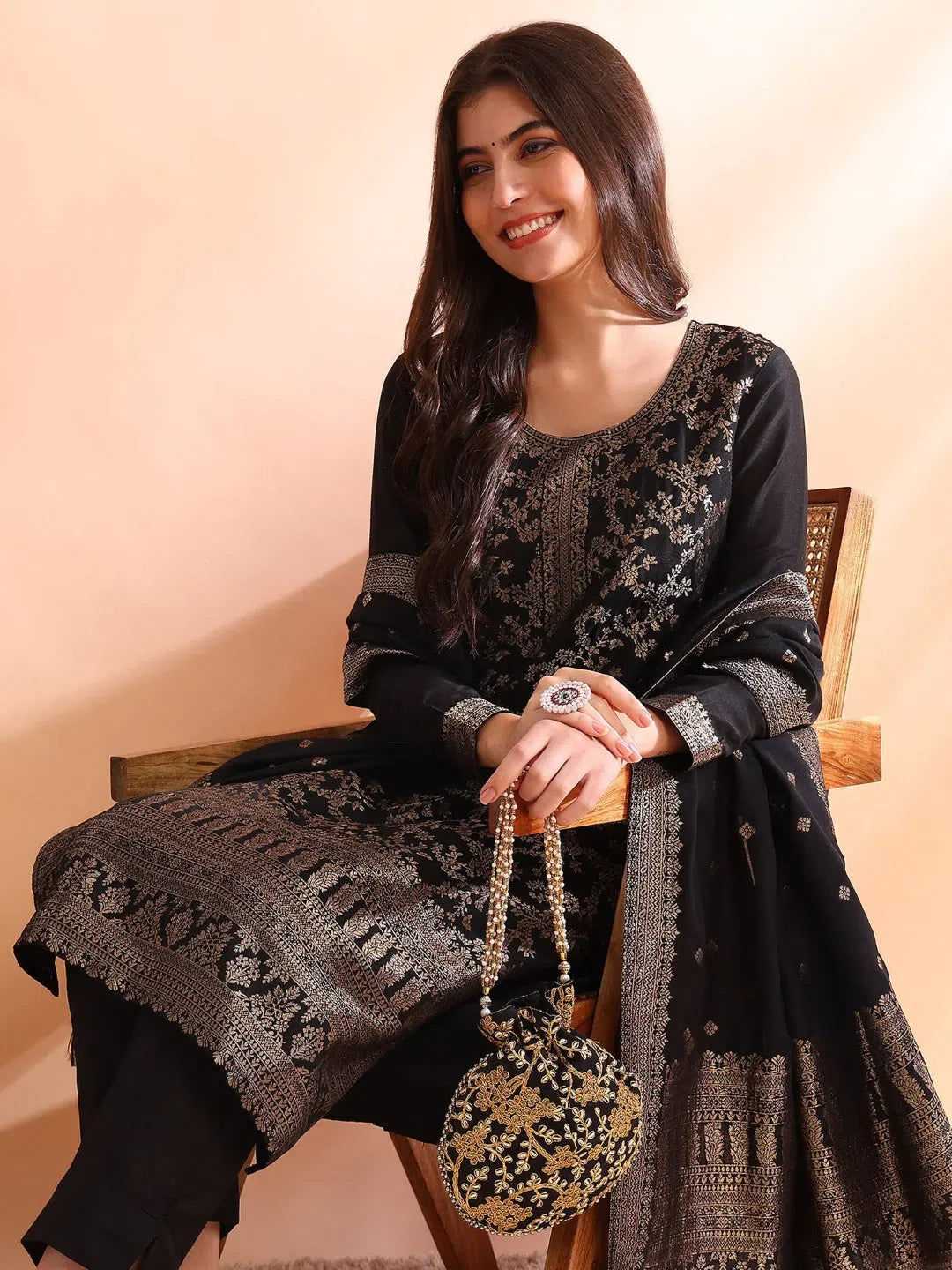 Black Cotton Kurta Set with Dupatta | Women's Indian Kurta