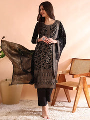 Women Black Chanderi Cotton Woven Design Straight Kurta Trousers With Dupatta-PKSKD2590