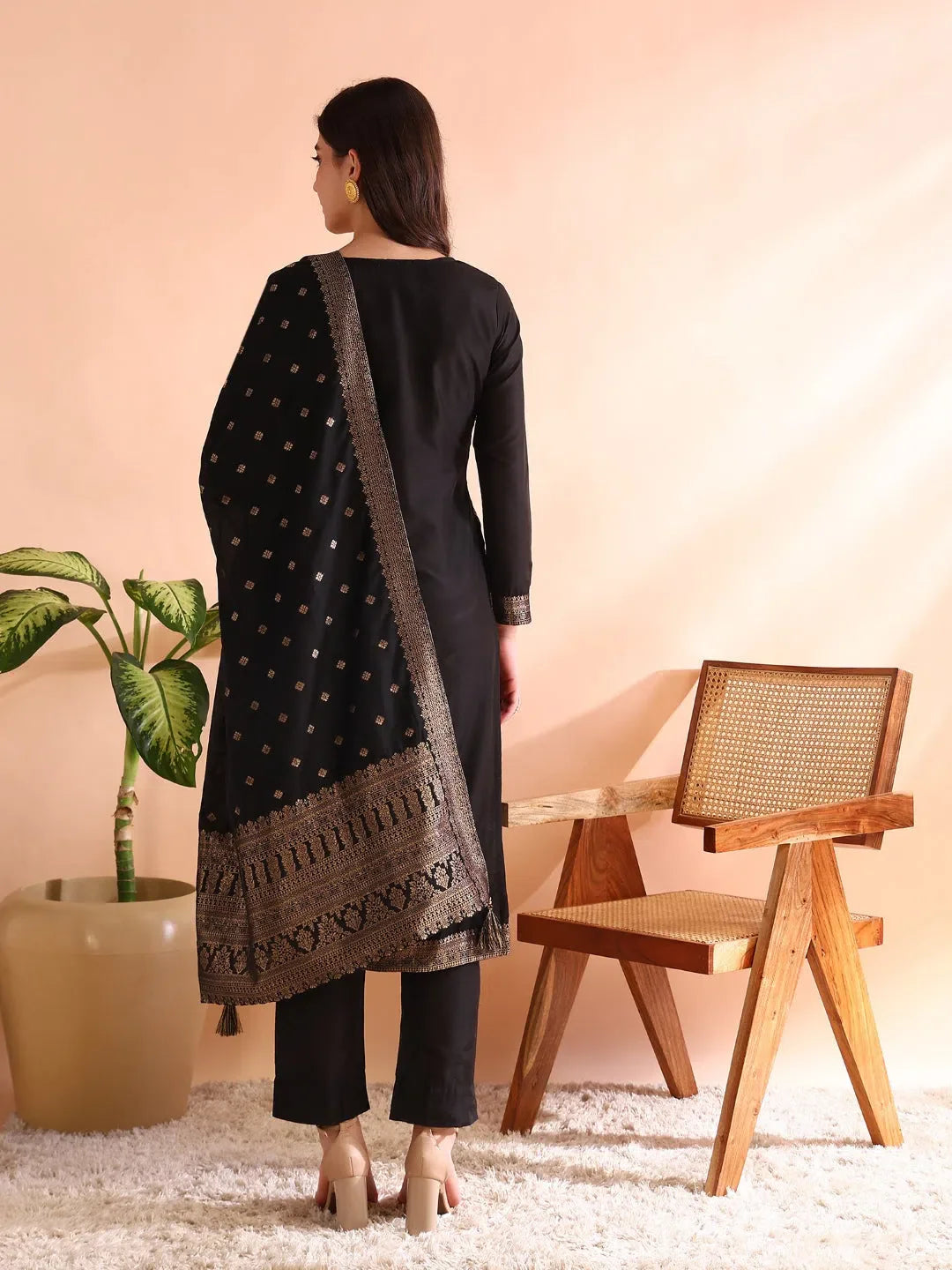 Black Cotton Kurta Set with Dupatta | Women's Indian Kurta