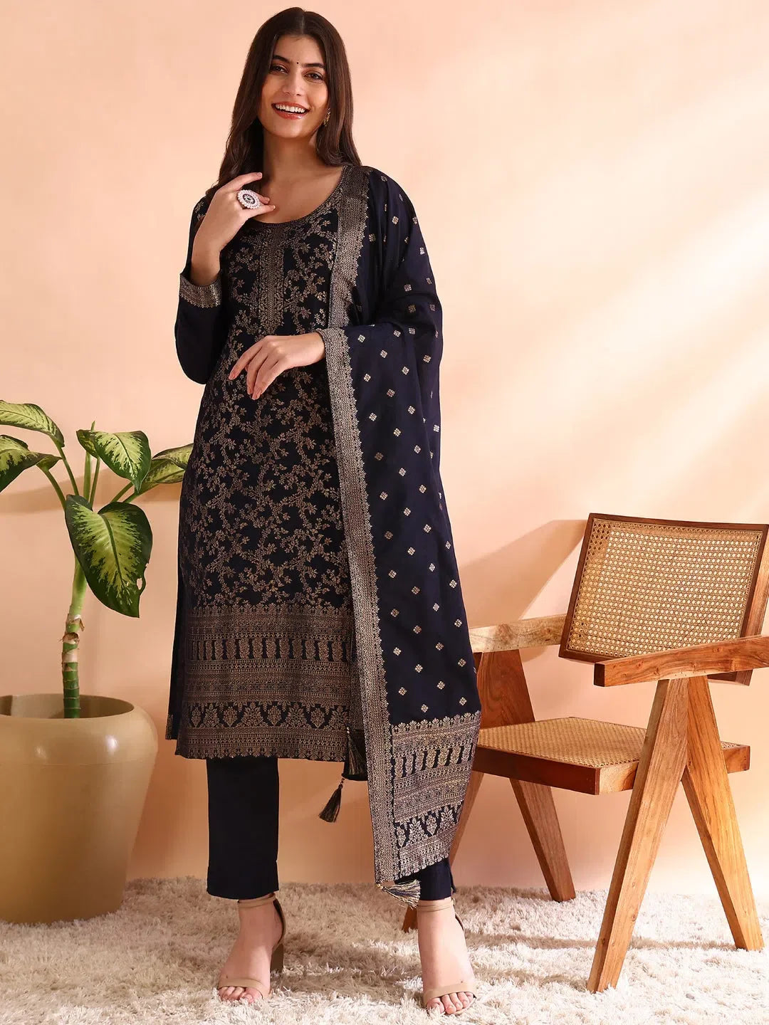 Women Navy Blue Chanderi Cotton Woven Design Straight Kurta Trousers With Dupatta-PKSKD2591