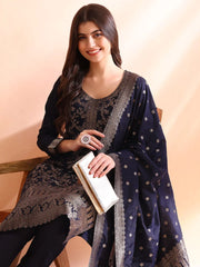 Women Navy Blue Chanderi Cotton Woven Design Straight Kurta Trousers With Dupatta-PKSKD2591