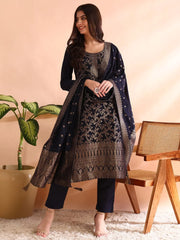 Women Navy Blue Chanderi Cotton Woven Design Straight Kurta Trousers With Dupatta-PKSKD2591