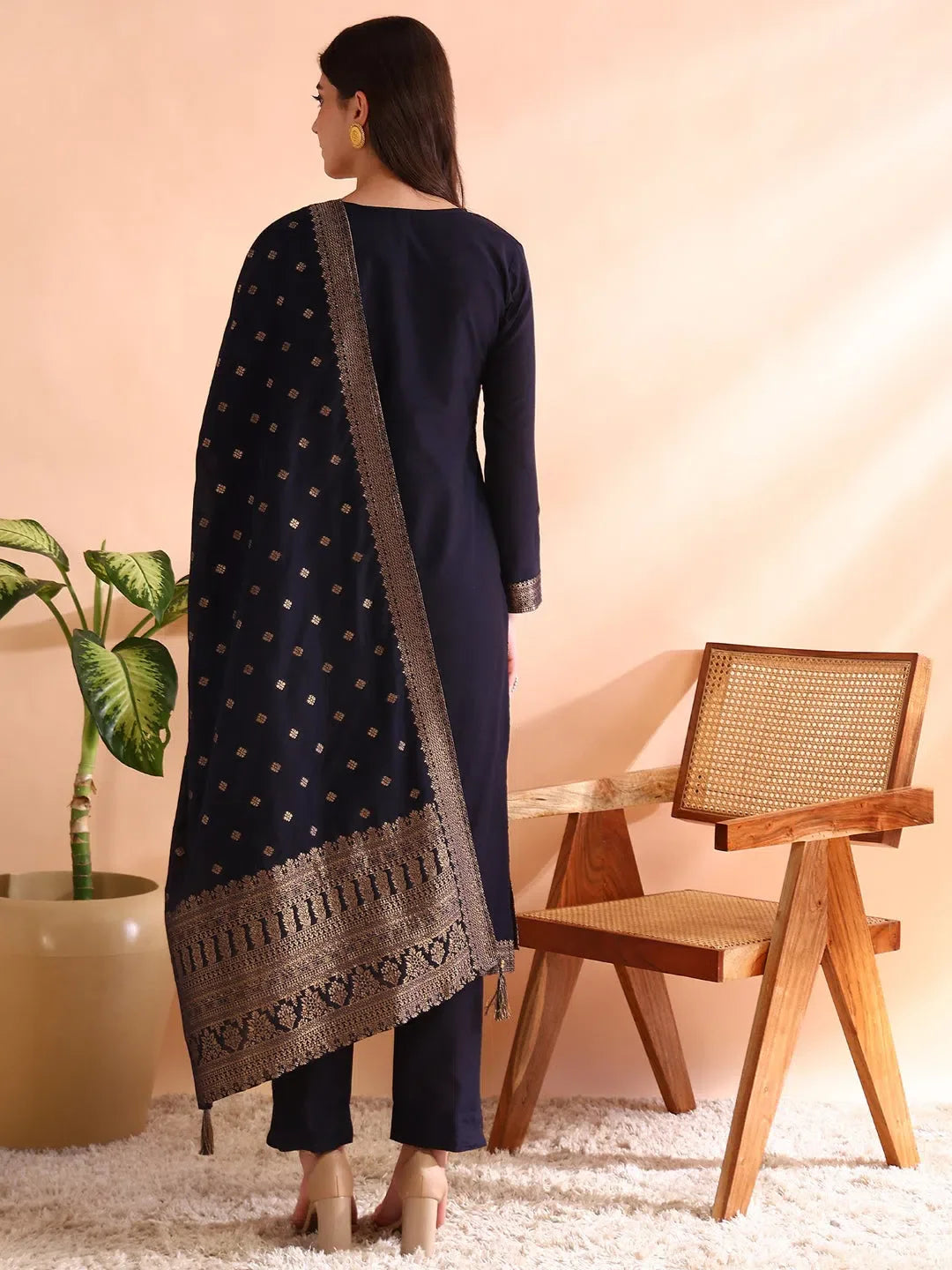Navy Blue Cotton Kurta Set with Dupatta | Women's Indian Kurta