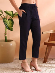 Women Navy Blue Chanderi Cotton Woven Design Straight Kurta Trousers With Dupatta-PKSKD2591