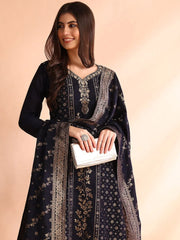 Women Navy Blue Chanderi Cotton Solid Woven Design Straight Kurta Trouser With Dupatta-PKSKD2592