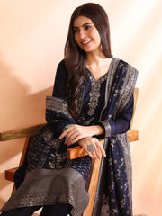 Women Navy Blue Chanderi Cotton Solid Woven Design Straight Kurta Trouser With Dupatta-PKSKD2592
