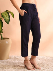 Women Navy Blue Chanderi Cotton Solid Woven Design Straight Kurta Trouser With Dupatta-PKSKD2592