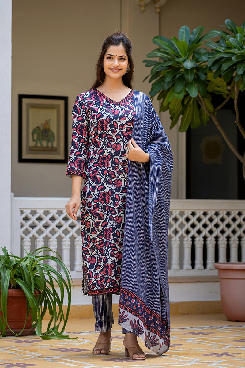 Grey Rayon Blend Floral Printed Straight Trouser Suit Set PKSKD2593 | 