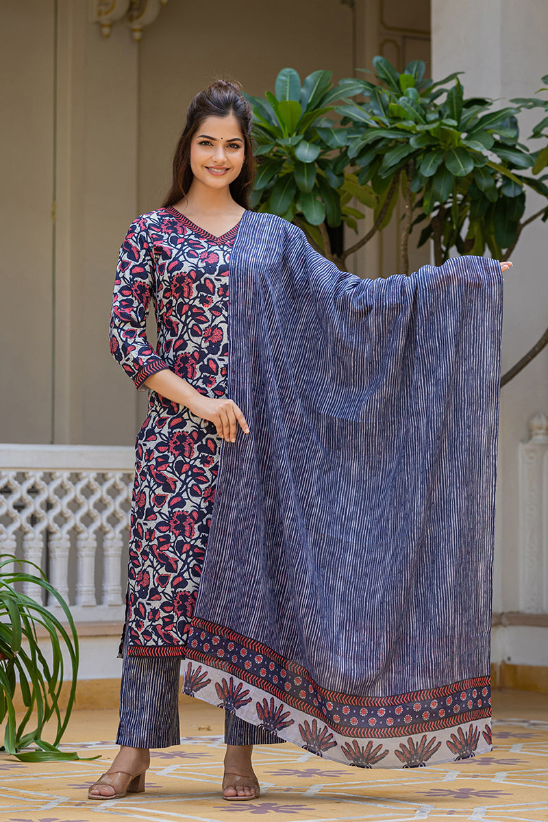 Grey Rayon Blend Floral Printed Straight Trouser Suit Set PKSKD2593 | 