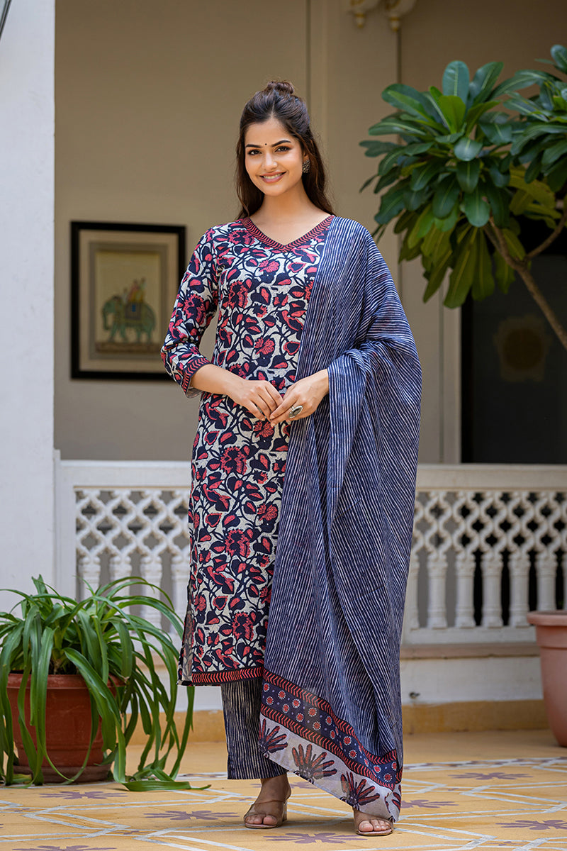 Grey Rayon Blend Floral Printed Straight Trouser Suit Set PKSKD2593 | 