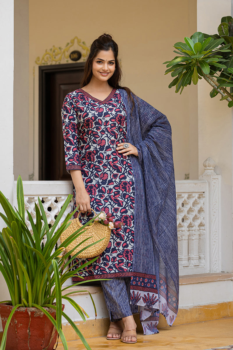 Grey Rayon Blend Floral Printed Straight Trouser Suit Set PKSKD2593 | 