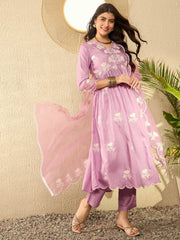 Women Lavender Silk Blend Solid Embroidered A-Line Kurta Trouser With Dupatta-PKSKD2594