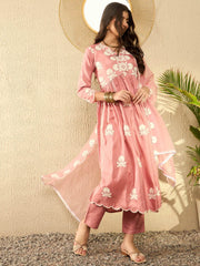 Women Peach Silk Blend Solid Embroidered A-Line Kurta Trouser With Dupatta-PKSKD2595