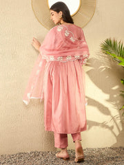 Women Peach Silk Blend Solid Embroidered A-Line Kurta Trouser With Dupatta-PKSKD2595