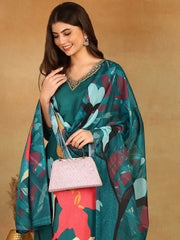 Women Green Silk Blend Floral Printed Straight Kurta Trousers With Dupatta-PKSKD2598