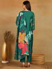 Women Green Silk Blend Floral Printed Straight Kurta Trousers With Dupatta-PKSKD2598